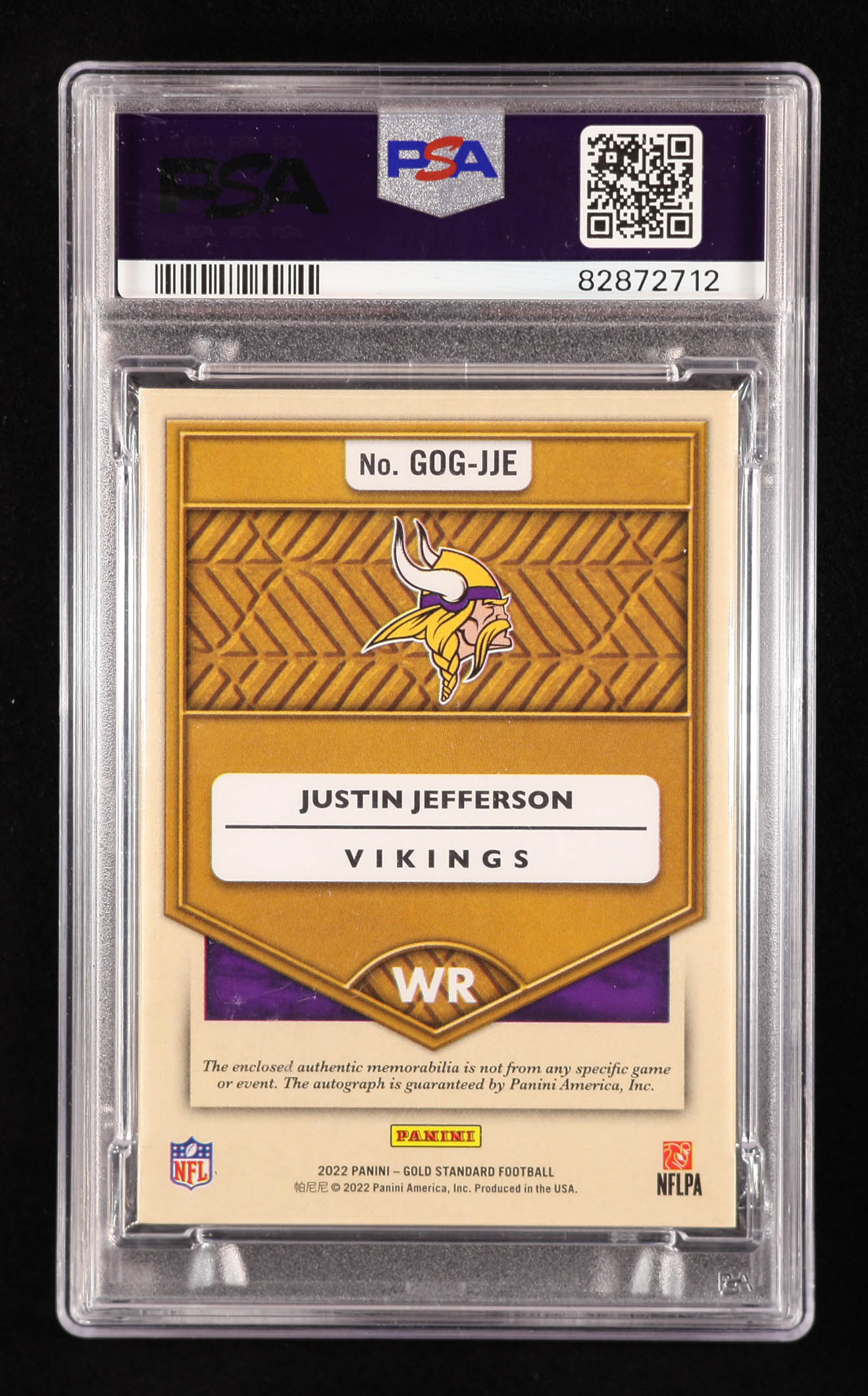 Justin Jefferson 2022 Panini Gold Standard Good as Gold Jersey Autographs #19 #37/99 (PSA 8) at PristineAuction.com Justin Jefferson 2022 Panini Gold Standard Good as Gold Jersey Autographs #19 #37/99 (PSA 8) at PristineAuction.com