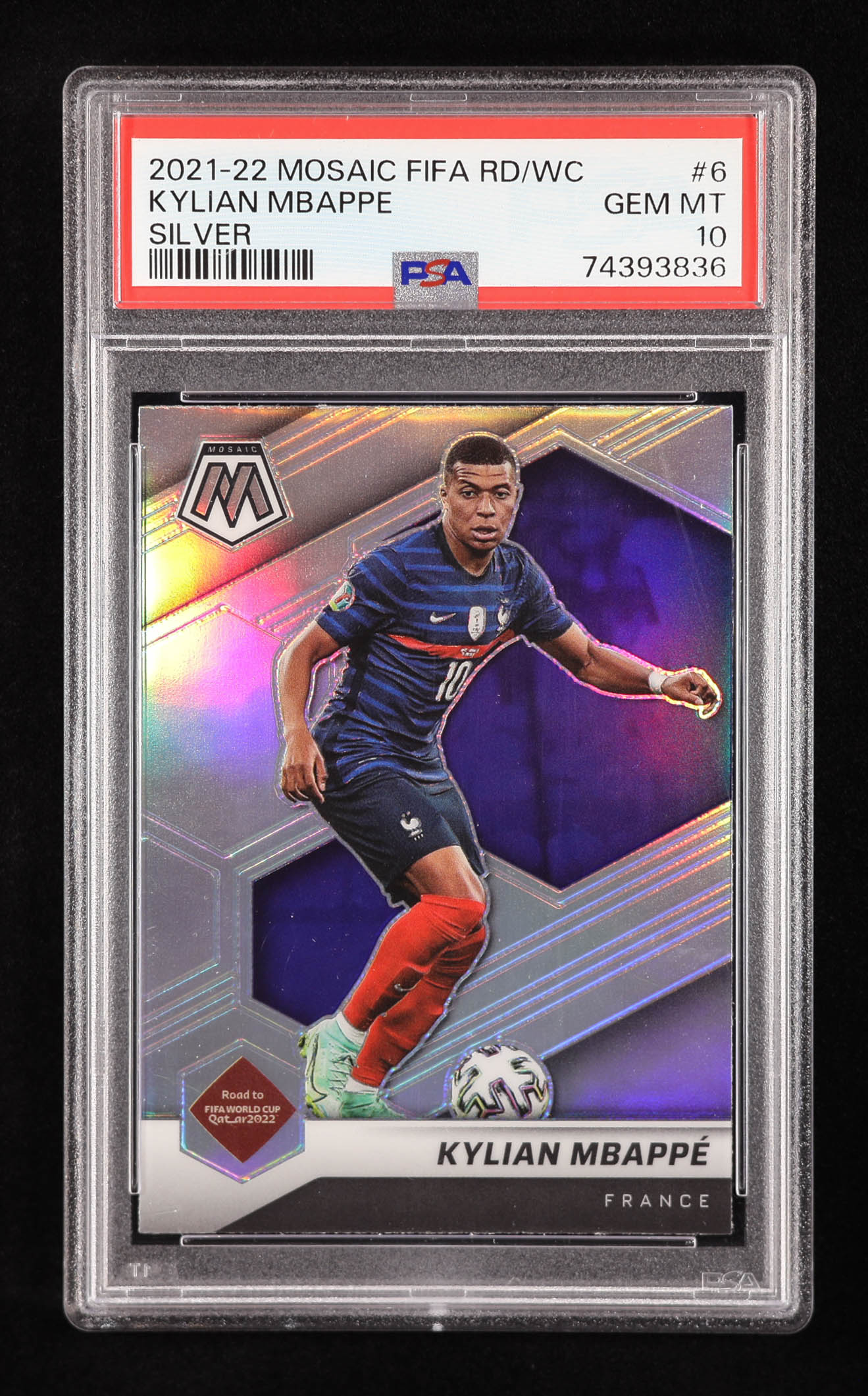 Kylian Mbappe 2021-22 Panini Mosaic Road to the FIFA World Cup Qatar Silver #6 (PSA 10) at PristineAuction.com Kylian Mbappe 2021-22 Panini Mosaic Road to the FIFA World Cup Qatar Silver #6 (PSA 10) at PristineAuction.com