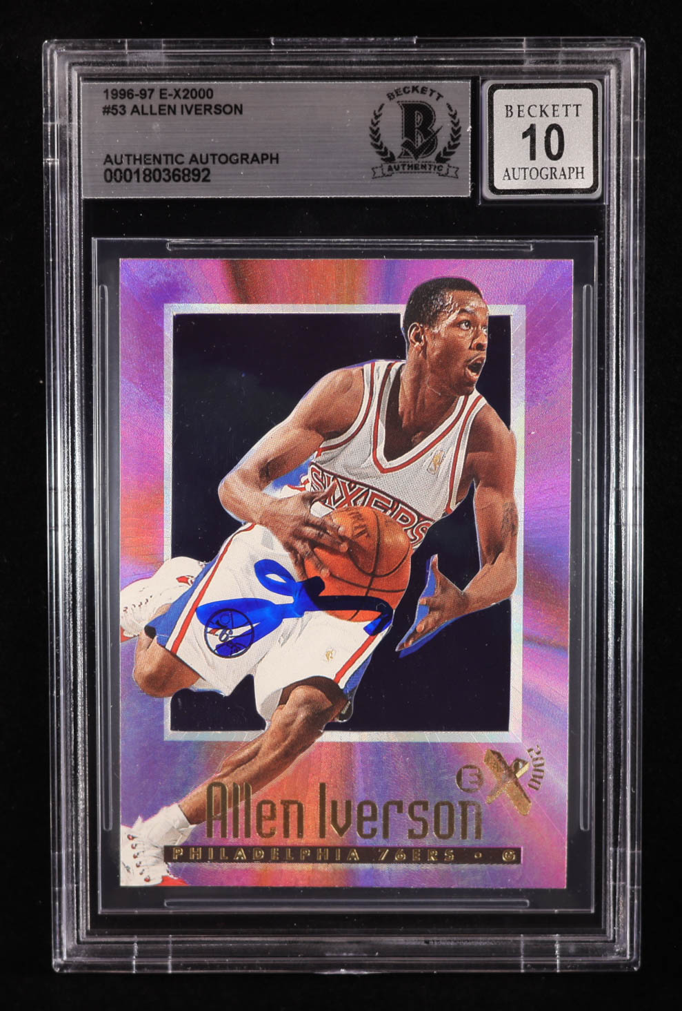 Allen Iverson Signed 1996-97 E-X2000 #53 RC (BGS | Autograph Graded 10) at PristineAuction.com Allen Iverson Signed 1996-97 E-X2000 #53 RC (BGS | Autograph Graded 10) at PristineAuction.com