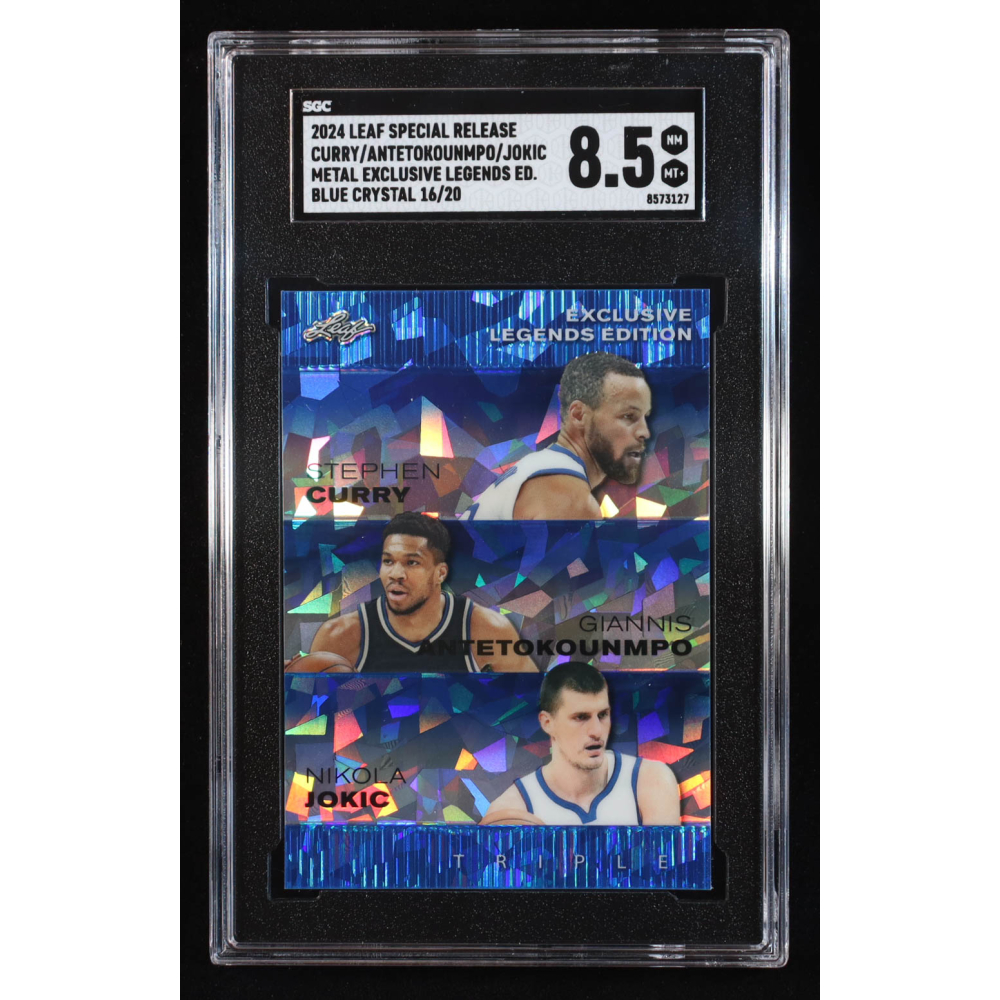 Stephen Curry / Giannis Antetokounmpo / Nikola Jokic 2024 Leaf Metal Special Release Exclusive Legends Edition Crystal Blue #ELE76 #16/20 (SGC 8.5) at PristineAuction.com