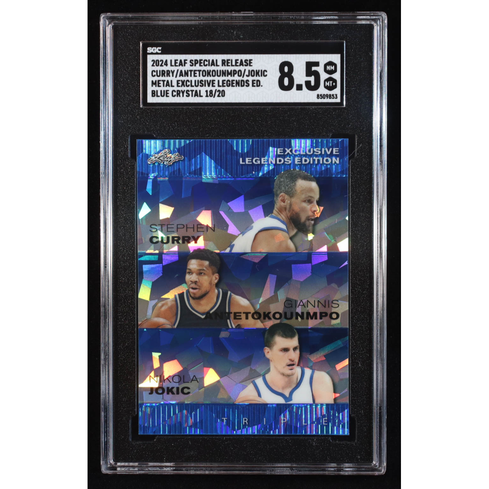 Stephen Curry / Giannis Antetokounmpo / Nikola Jokic 2024 Leaf Metal Special Release Exclusive Legends Edition Crystal Blue #ELE76 #18/20 (SGC 8.5) at PristineAuction.com