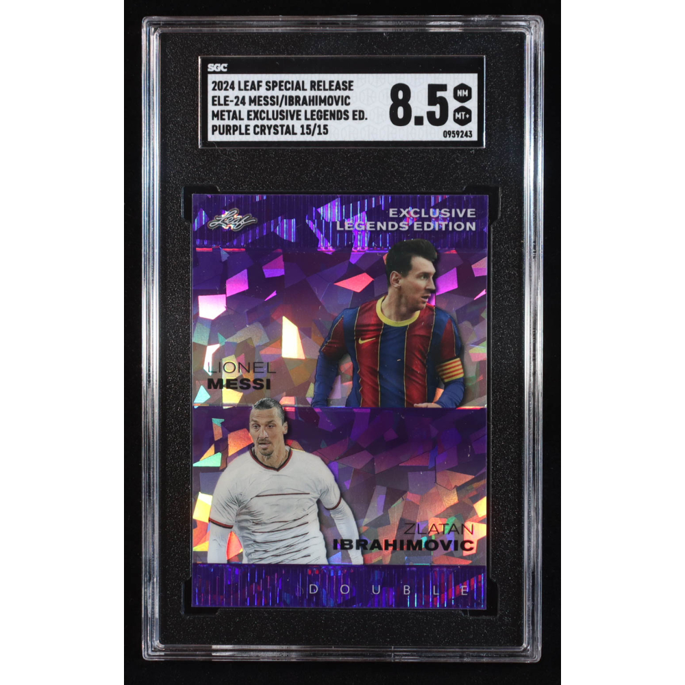 Lionel Messi / Zlatan Ibrahimovic 2024 Leaf Metal Special Release Exclusive Legends Edition Crystal Purple #ELE24 #15/15 (SGC 8.5) at PristineAuction.com