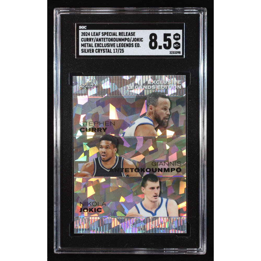 Stephen Curry / Giannis Antetokounmpo / Nikola Jokic 2024 Leaf Metal Special Release Exclusive Legends Edition Crystal Silver #ELE76 #17/25 (SGC 8.5) at PristineAuction.com