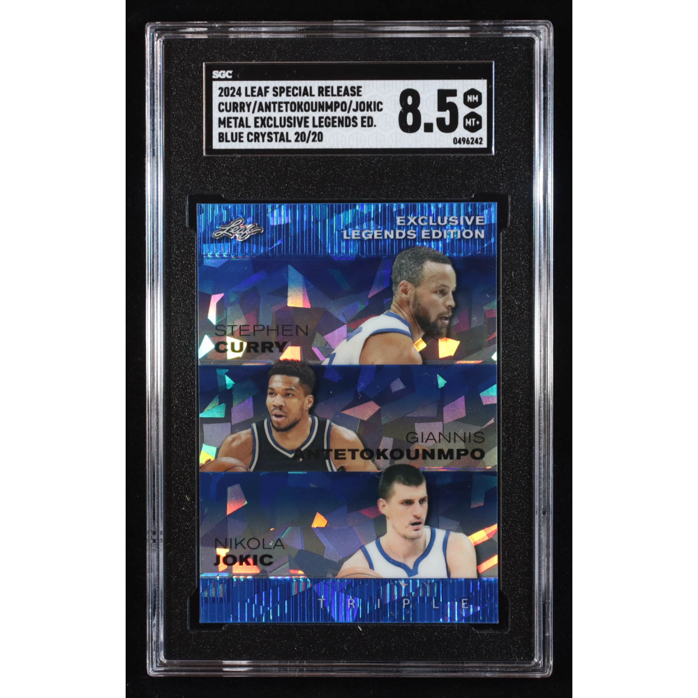 Stephen Curry / Giannis Antetokounmpo / Nikola Jokic 2024 Leaf Metal Special Release Exclusive Legends Edition Crystal Blue #ELE76 #20/20 (SGC 8.5) at PristineAuction.com