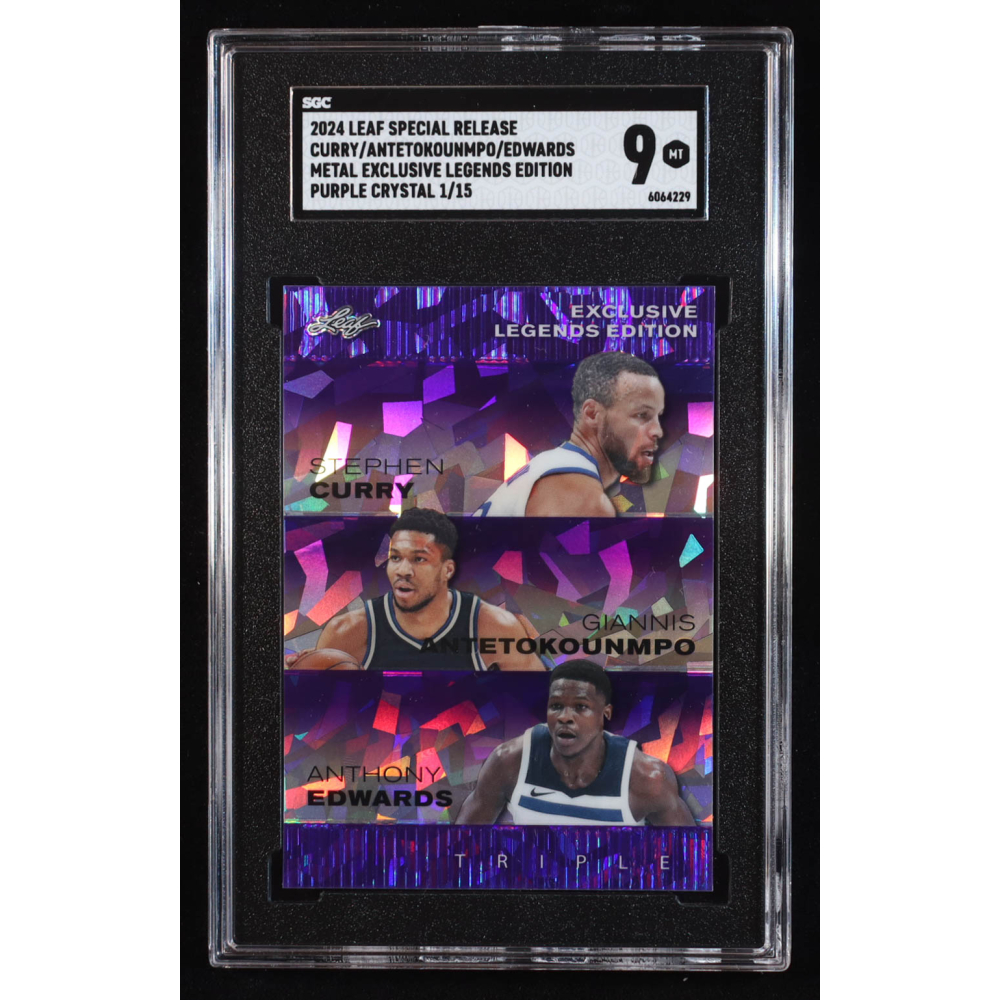 Stephen Curry / Giannis Antetokounmpo / Anthony Edwards 2024 Leaf Metal Special Release Exclusive Legends Edition Crystal Purple #ELE74 #1/15 (SGC 9) at PristineAuction.com