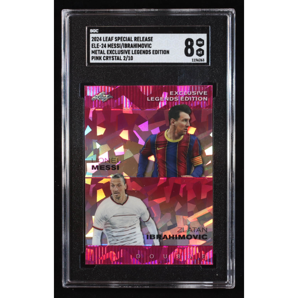 Lionel Messi / Zlatan Ibrahimovic 2024 Leaf Metal Special Release Exclusive Legends Edition Crystal Pink #ELE24 #2/10 (SGC 8) at PristineAuction.com