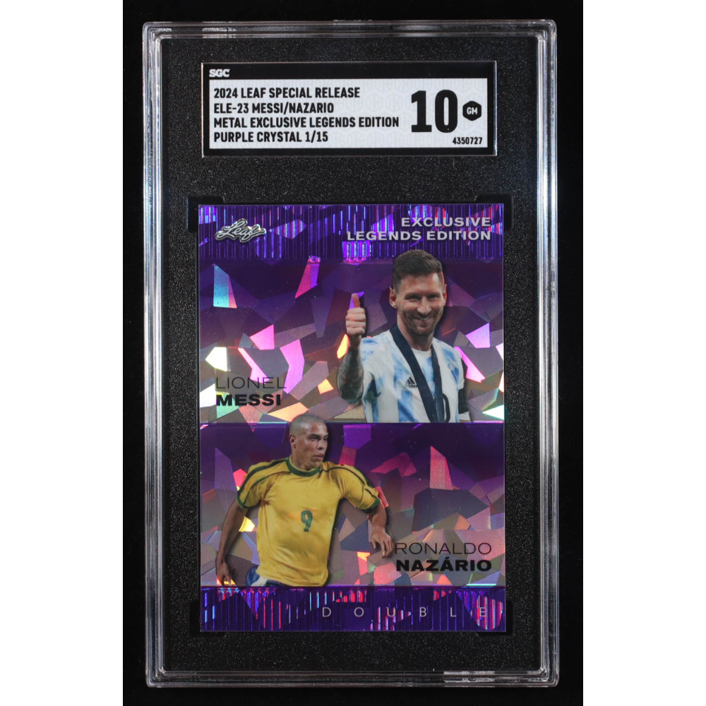 Lionel Messi / Ronaldo Nazario 2024 Leaf Metal Special Release Exclusive Legends Edition Crystal Purple #ELE23 #1/15 (SGC 10) at PristineAuction.com