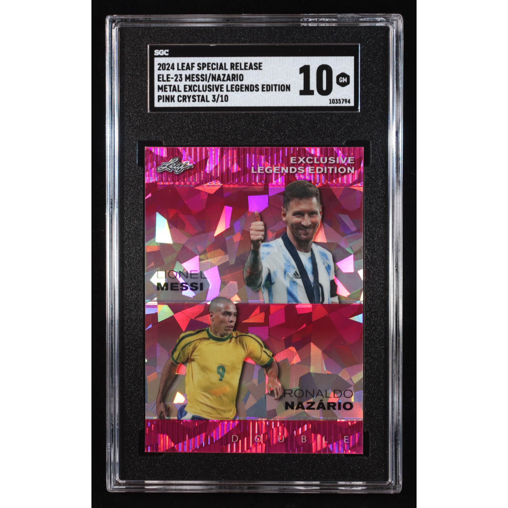 Lionel Messi / Ronaldo Nazario 2024 Leaf Metal Special Release Exclusive Legends Edition Crystal Pink #ELE23 #3/10 (SGC 10) at PristineAuction.com