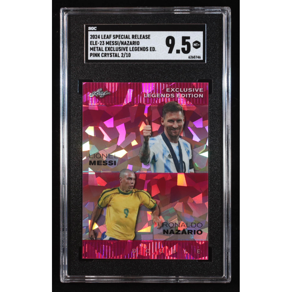 Lionel Messi / Ronaldo Nazario 2024 Leaf Metal Special Release Exclusive Legends Edition Crystal Pink #ELE23 #2/10 (SGC 9.5) at PristineAuction.com