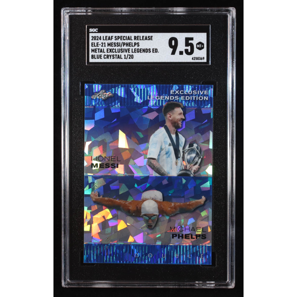Lionel Messi / Michael Phelps 2024 Leaf Metal Special Release Exclusive Legends Edition Crystal Blue #ELE21 #1/20 (SGC 9.5) at PristineAuction.com