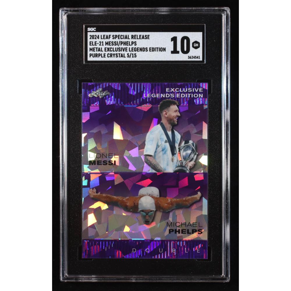 Lionel Messi / Michael Phelps 2024 Leaf Metal Special Release Exclusive Legends Edition Crystal Purple #ELE21 #5/15 (SGC 10) at PristineAuction.com