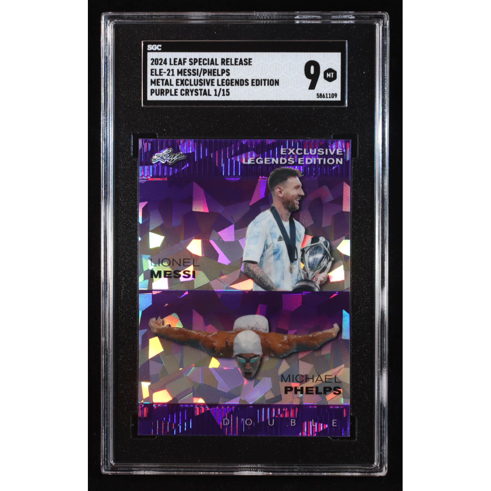 Lionel Messi / Michael Phelps 2024 Leaf Metal Special Release Exclusive Legends Edition Crystal Purple #ELE21 #1/15 (SGC 9) at PristineAuction.com