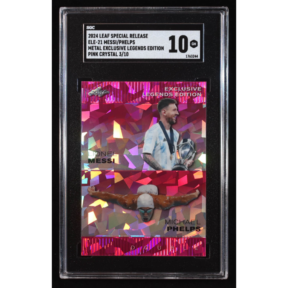 Lionel Messi / Michael Phelps 2024 Leaf Metal Special Release Exclusive Legends Edition Crystal Pink #ELE21 #3/10 (SGC 10) at PristineAuction.com