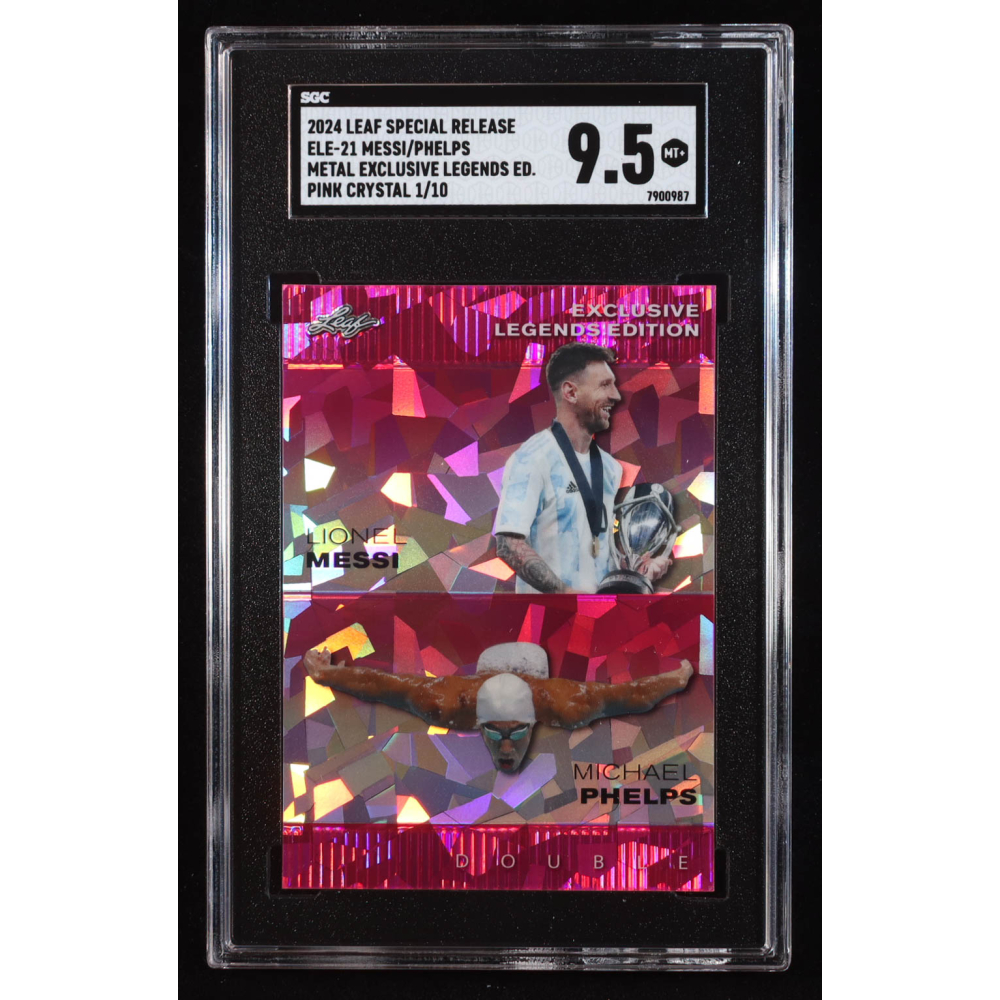 Lionel Messi / Michael Phelps 2024 Leaf Metal Special Release Exclusive Legends Edition Crystal Pink #ELE21 #1/10 (SGC 9.5) at PristineAuction.com