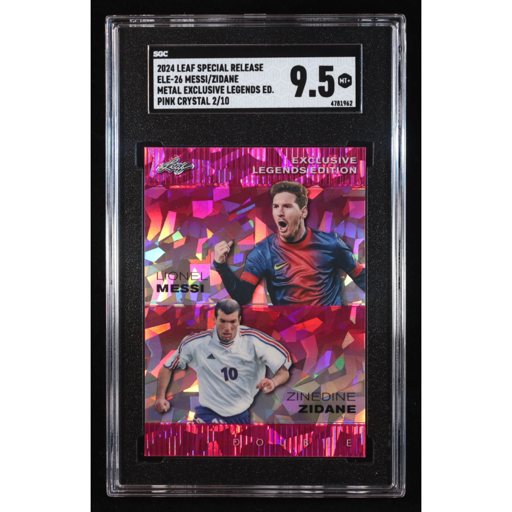 Lionel Messi / Zinedine Zidane 2024 Leaf Metal Special Release Exclusive Legends Edition Crystal Pink #ELE26 #2/10 (SGC 9.5) at PristineAuction.com