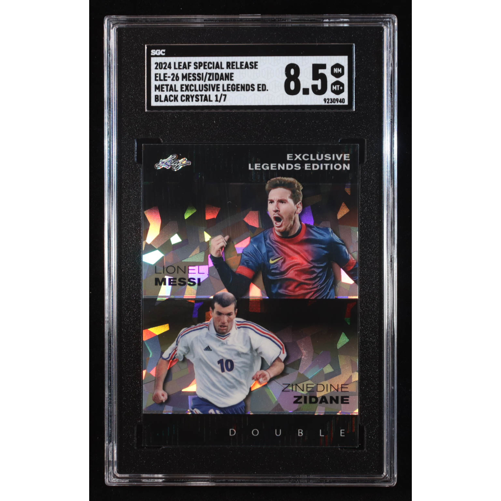 Lionel Messi / Zinedine Zidane 2024 Leaf Metal Special Release Exclusive Legends Edition Crystal Black #ELE26 #1/7 (SGC 8.5) at PristineAuction.com