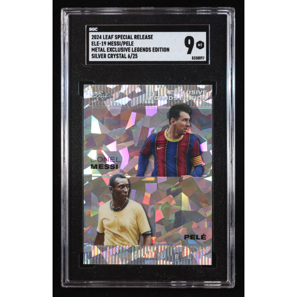 Lionel Messi / Pele 2024 Leaf Metal Special Release Exclusive Legends Edition Crystal Silver #ELE19 #6/25 (SGC 9) at PristineAuction.com