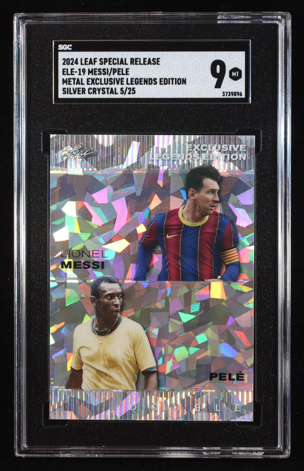 Lionel Messi / Pele 2024 Leaf Metal Special Release Exclusive Legends Edition Crystal Silver #ELE19 #5/25 (SGC 9) at PristineAuction.com Lionel Messi / Pele 2024 Leaf Metal Special Release Exclusive Legends Edition Crystal Silver #ELE19 #5/25 (SGC 9) at PristineAuction.com