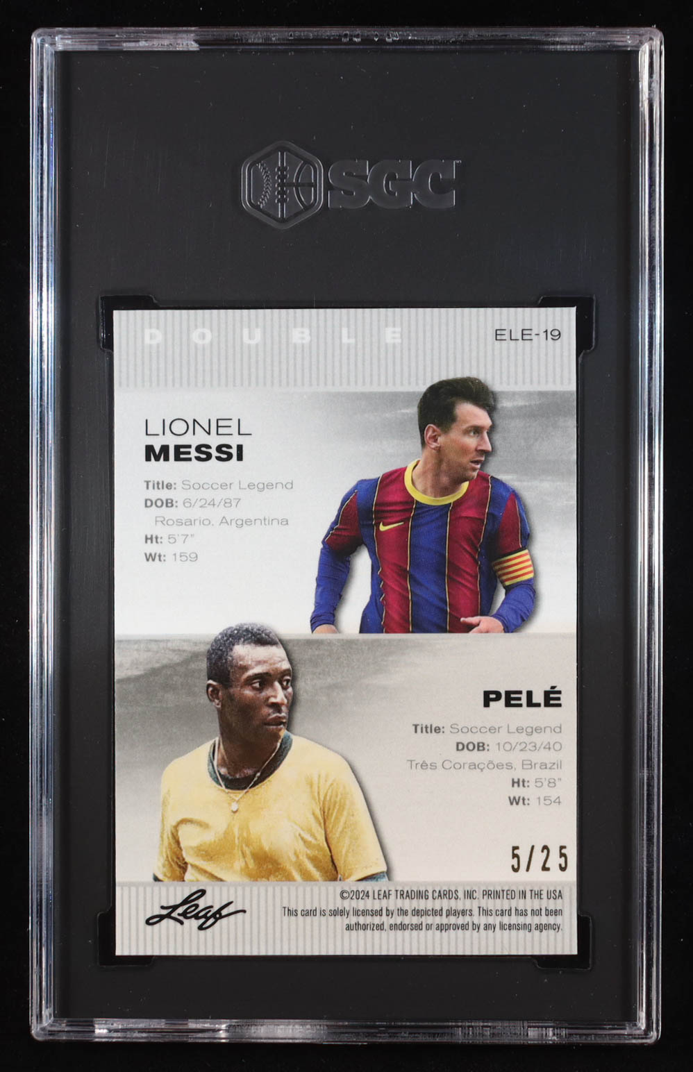 Lionel Messi / Pele 2024 Leaf Metal Special Release Exclusive Legends Edition Crystal Silver #ELE19 #5/25 (SGC 9) at PristineAuction.com Lionel Messi / Pele 2024 Leaf Metal Special Release Exclusive Legends Edition Crystal Silver #ELE19 #5/25 (SGC 9) at PristineAuction.com