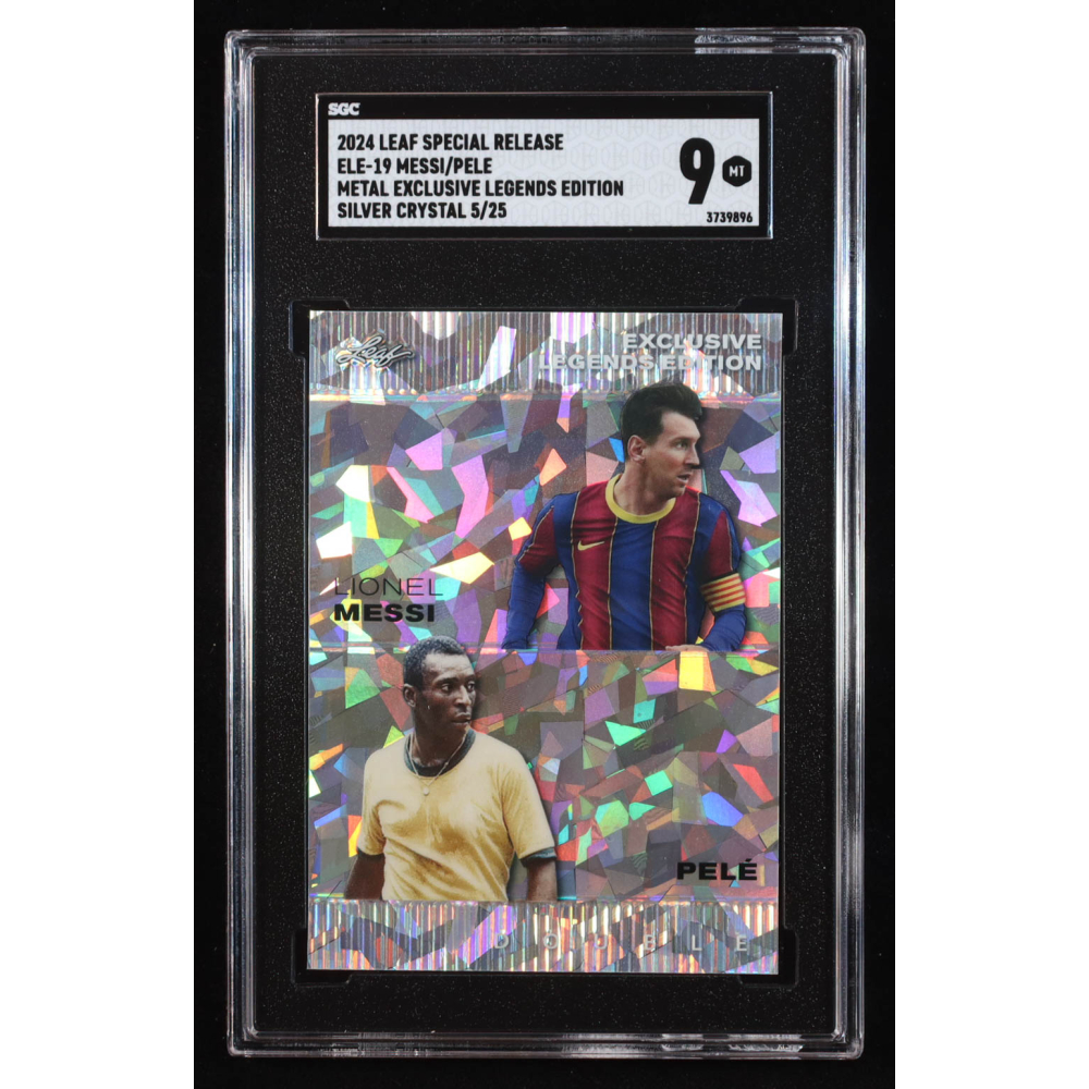 Lionel Messi / Pele 2024 Leaf Metal Special Release Exclusive Legends Edition Crystal Silver #ELE19 #5/25 (SGC 9) at PristineAuction.com