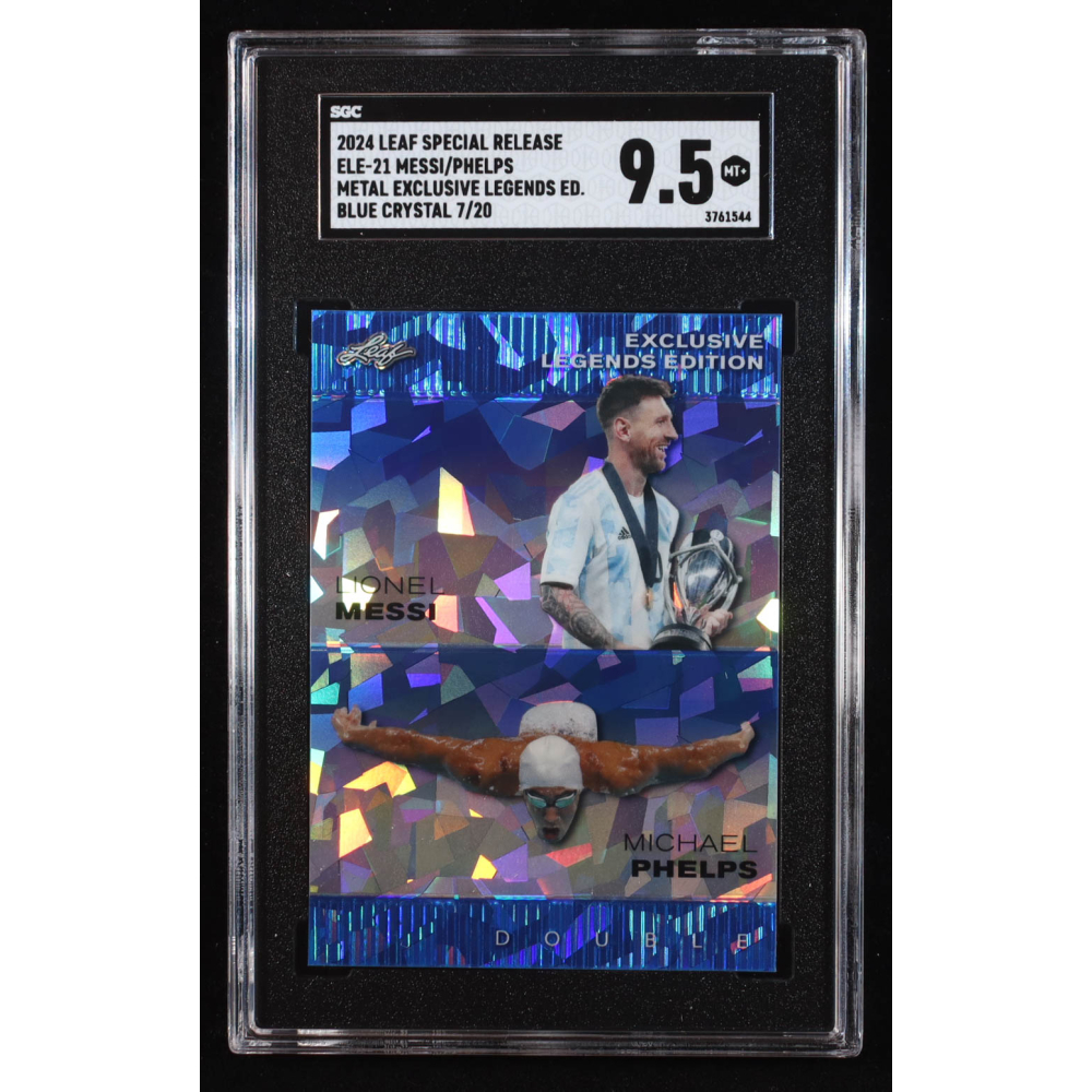 Lionel Messi / Michael Phelps 2024 Leaf Metal Special Release Exclusive Legends Edition Crystal Blue #ELE21 #7/20 (SGC 9.5) at PristineAuction.com