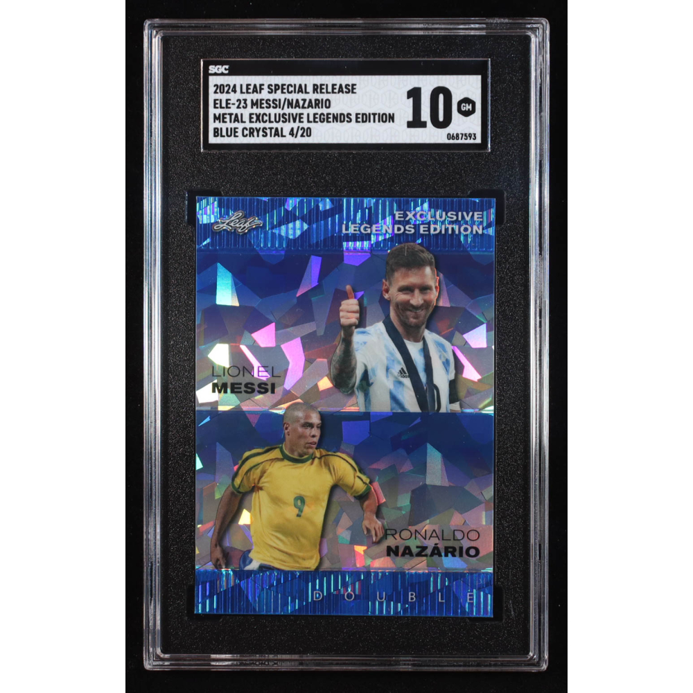 Lionel Messi / Ronaldo Nazario 2024 Leaf Metal Special Release Exclusive Legends Edition Crystal Blue #ELE23 #4/20 (SGC 10) at PristineAuction.com