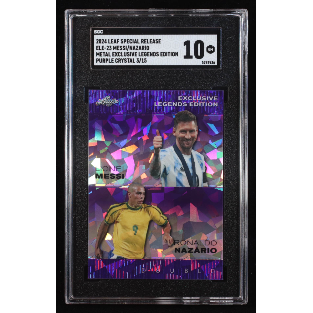 Lionel Messi / Ronaldo Nazario 2024 Leaf Metal Special Release Exclusive Legends Edition Crystal Purple #ELE23 #3/15 (SGC 10) at PristineAuction.com
