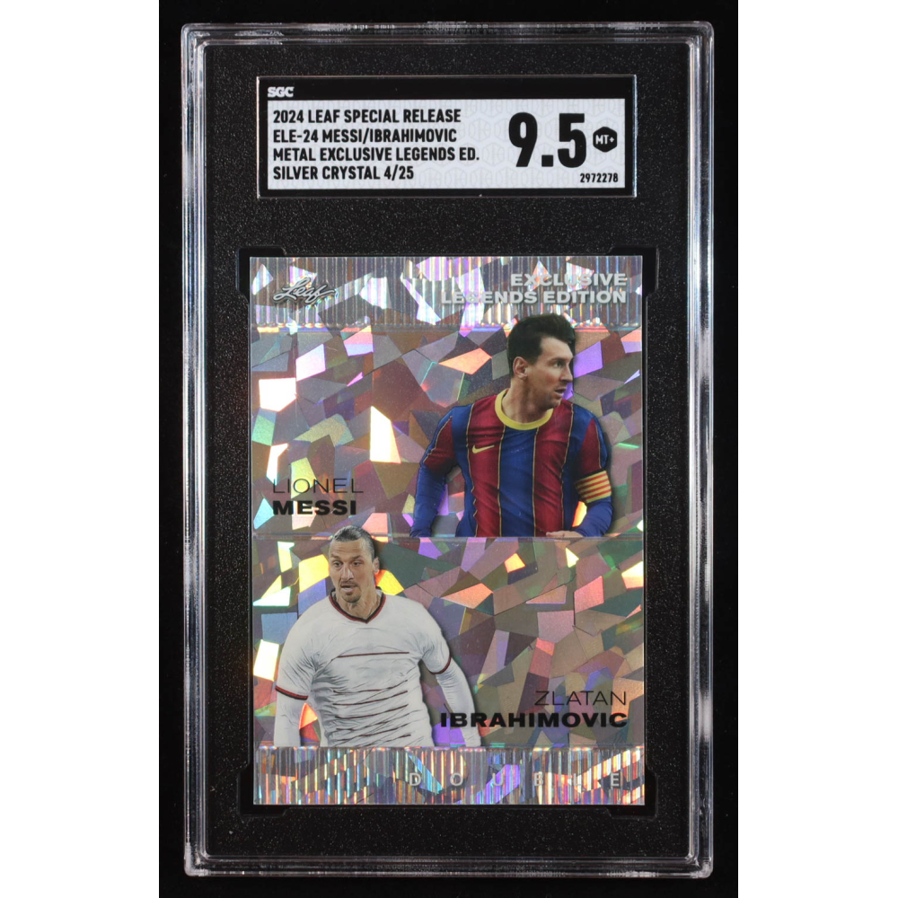 Lionel Messi / Zlatan Ibrahimovic 2024 Leaf Metal Special Release Exclusive Legends Edition Crystal Silver #ELE24 #4/25 (SGC 9.5) at PristineAuction.com