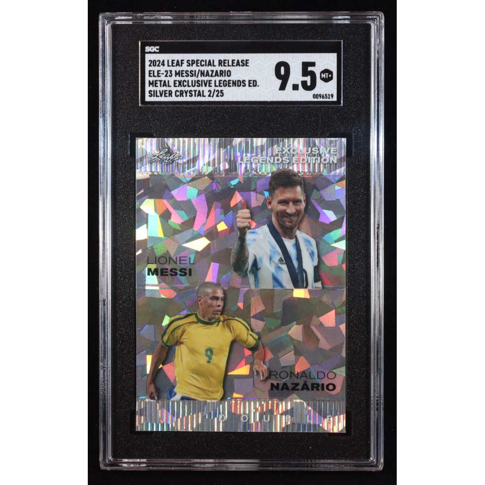 Lionel Messi / Ronaldo Nazario 2024 Leaf Metal Special Release Exclusive Legends Edition Crystal Silver #ELE23 #2/25 (SGC 9.5) at PristineAuction.com