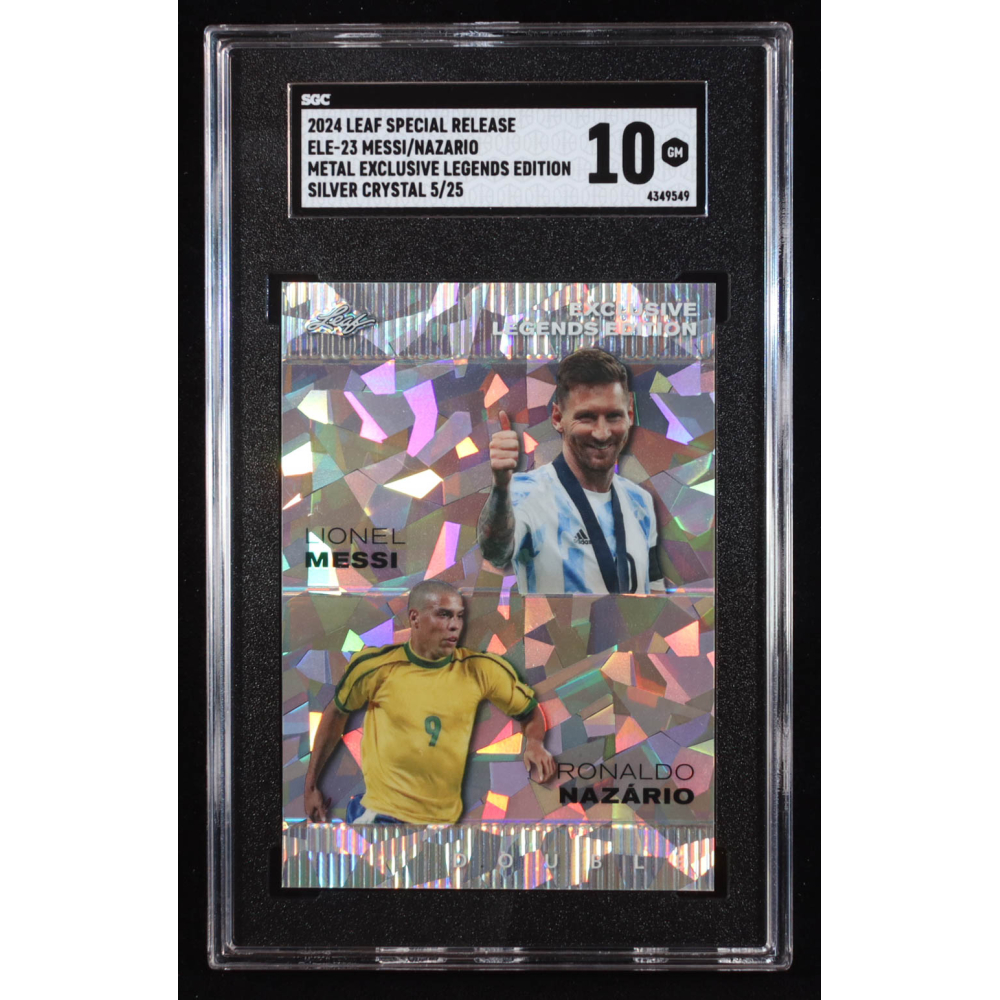 Lionel Messi / Ronaldo Nazario 2024 Leaf Metal Special Release Exclusive Legends Edition Crystal Silver #ELE23 #5/25 (SGC 10) at PristineAuction.com