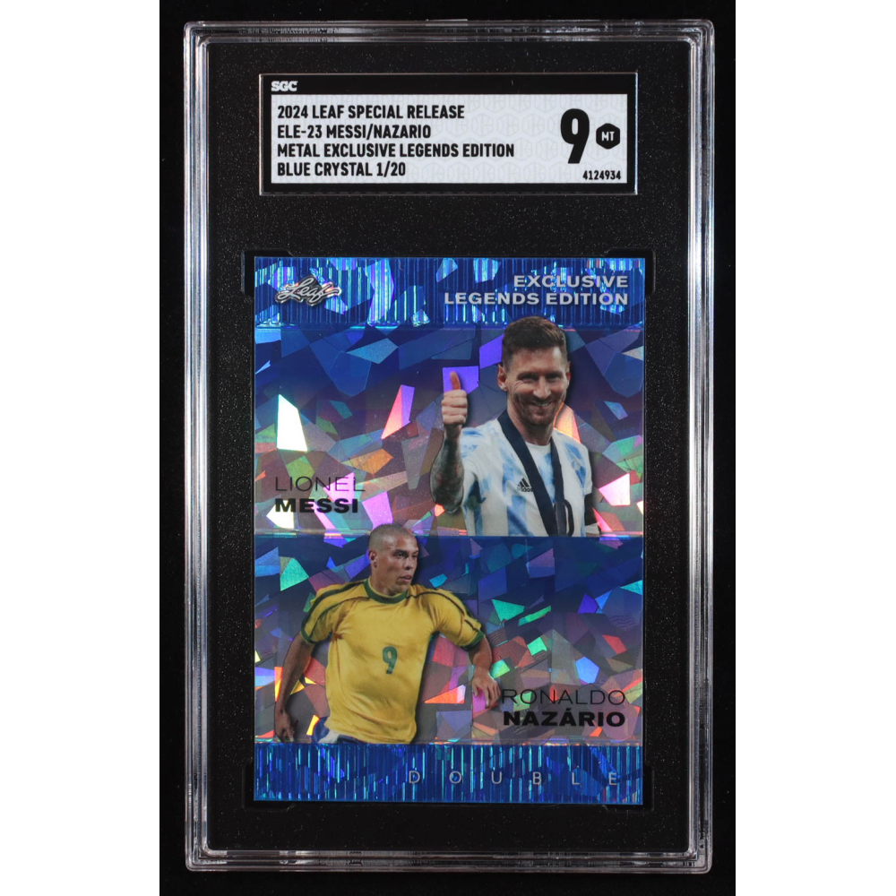 Lionel Messi / Ronaldo Nazario 2024 Leaf Metal Special Release Exclusive Legends Edition Crystal Blue #ELE23 #1/20 (SGC 9) at PristineAuction.com