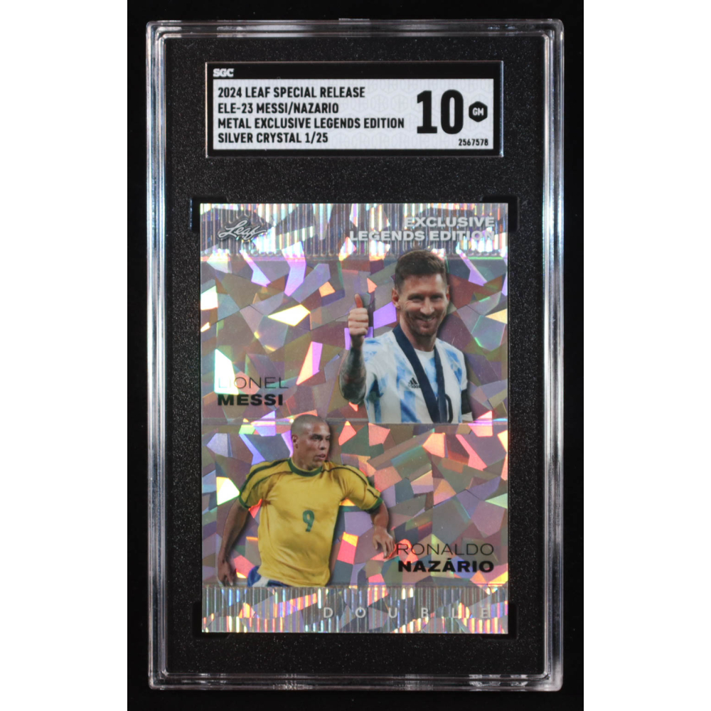 Lionel Messi / Ronaldo Nazario 2024 Leaf Metal Special Release Exclusive Legends Edition Crystal Silver #ELE23 #1/25 (SGC 10) at PristineAuction.com