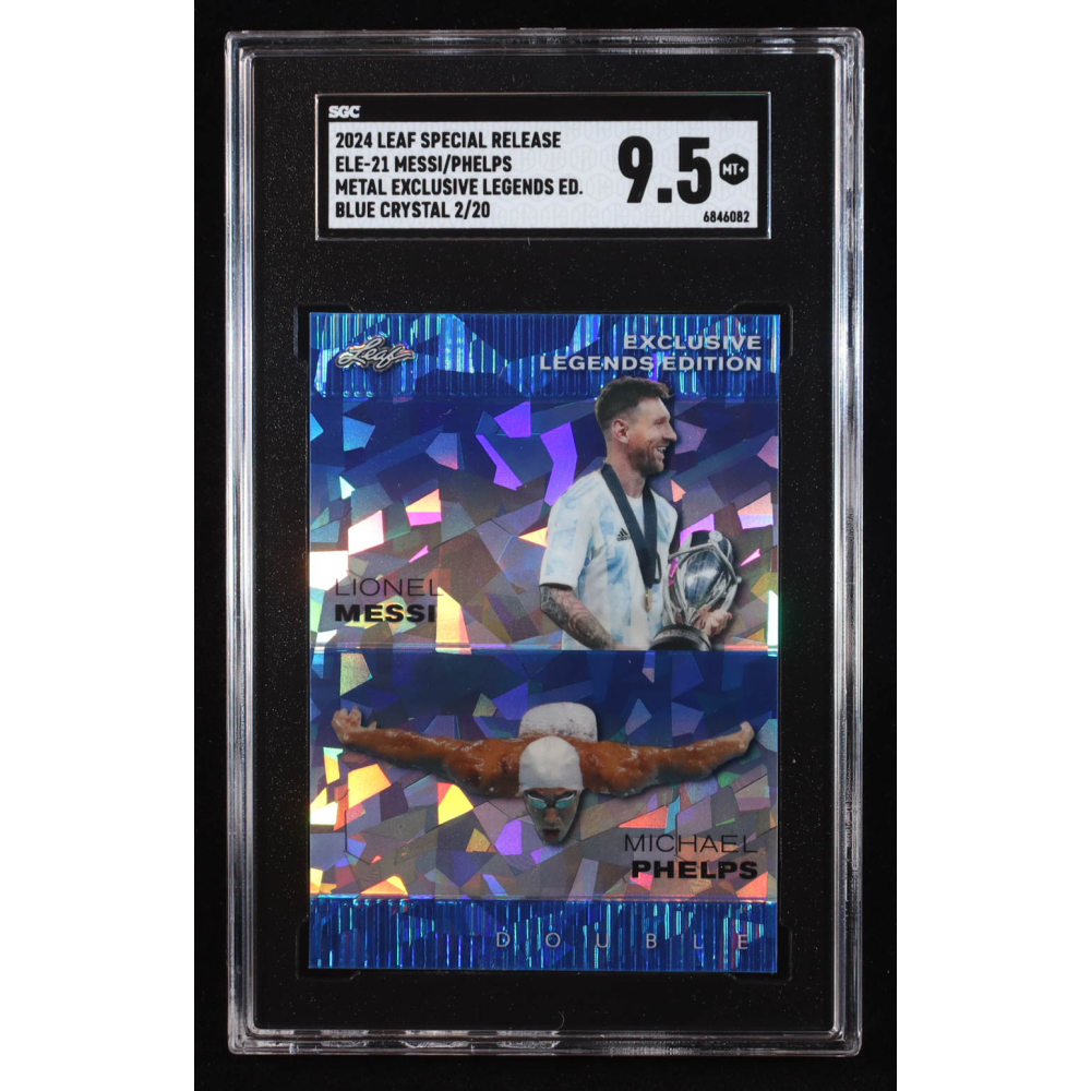 Lionel Messi / Michael Phelps 2024 Leaf Metal Special Release Exclusive Legends Edition Crystal Blue #ELE21 #2/20 (SGC 9.5) at PristineAuction.com