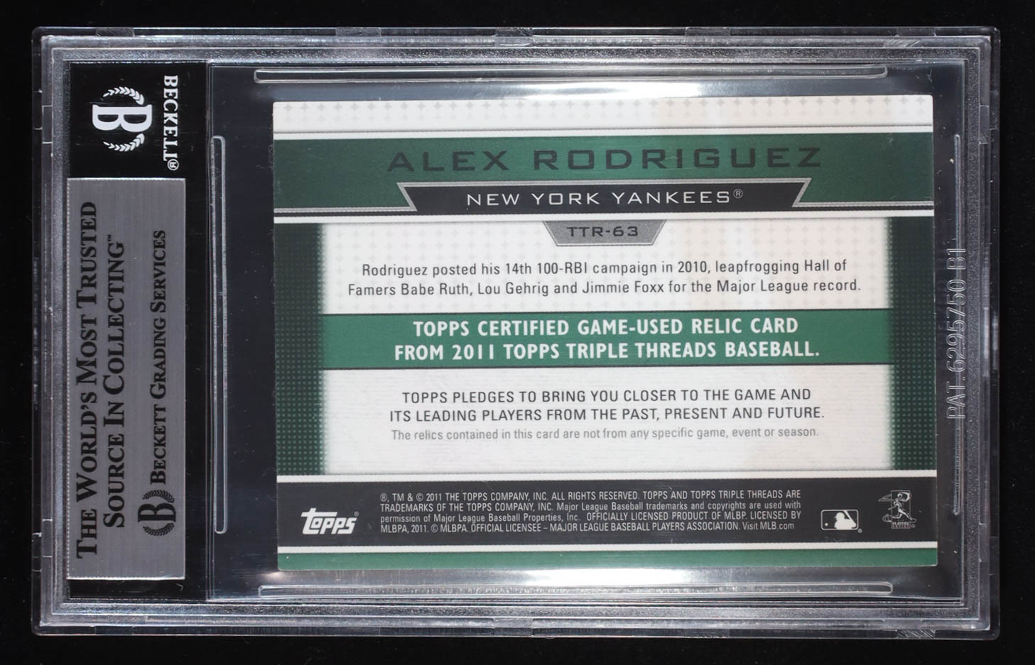 Alex Rodriguez 2011 Topps Triple Threads Relics Emerald #TTR63 #14/18 (BGS 8.5) at PristineAuction.com Alex Rodriguez 2011 Topps Triple Threads Relics Emerald #TTR63 #14/18 (BGS 8.5) at PristineAuction.com