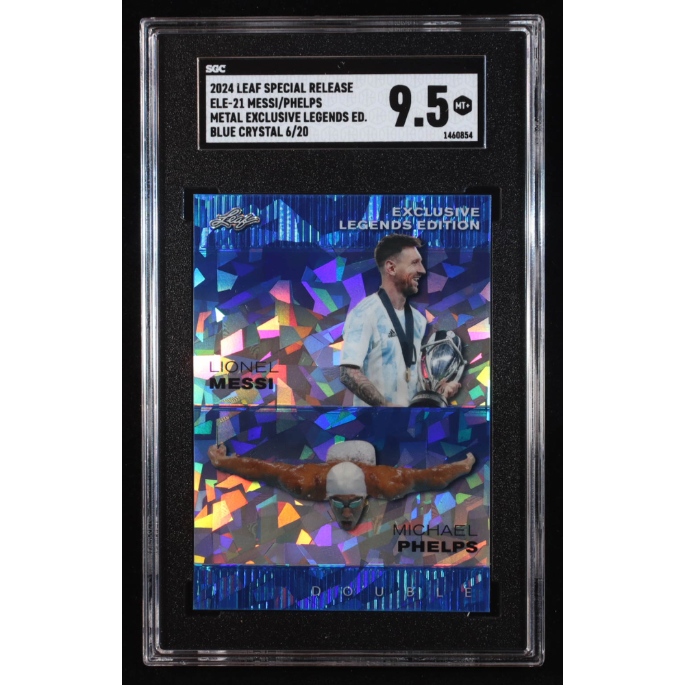 Lionel Messi / Michael Phelps 2024 Leaf Metal Special Release Exclusive Legends Edition Crystal Blue #ELE21 #6/20 (SGC 9.5) at PristineAuction.com