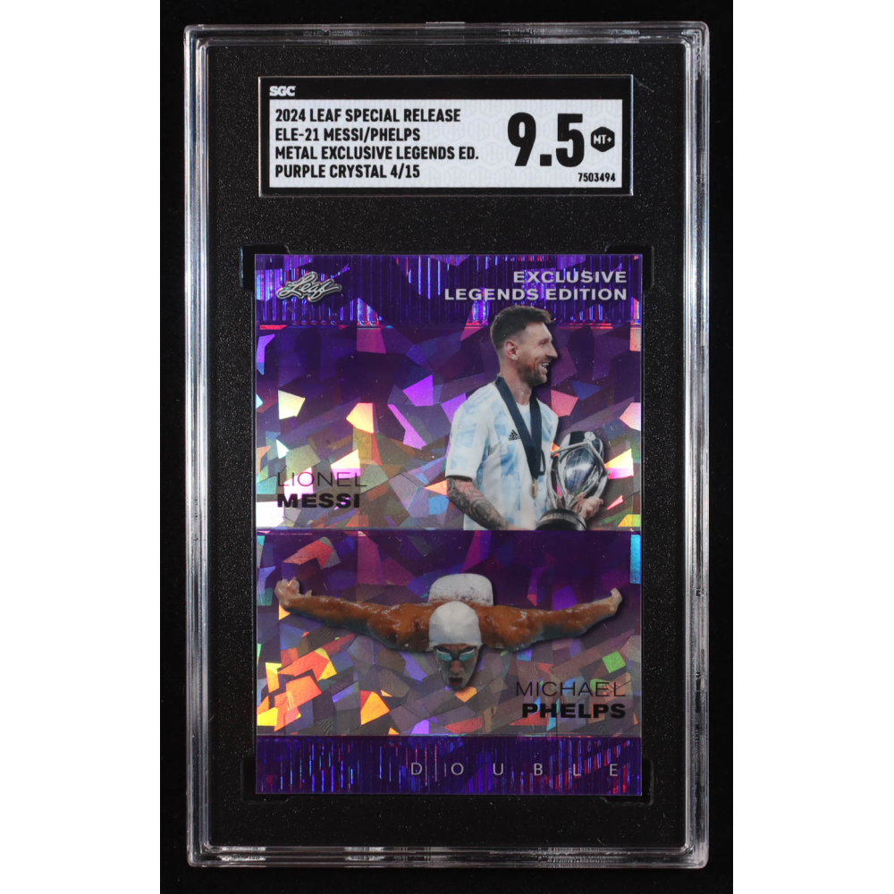 Lionel Messi / Michael Phelps 2024 Leaf Metal Special Release Exclusive Legends Edition Crystal Purple #ELE21 #4/15 (SGC 9.5) at PristineAuction.com