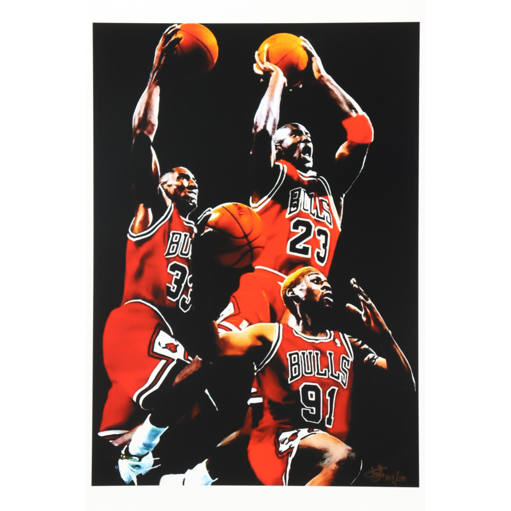 "Michael Jordan, Scottie Pippen & Dennis Rodman" Bulls LE 12x18 Lithograph by Joshua Barton #/500 (PA) at PristineAuction.com