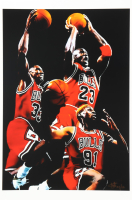 "Michael Jordan, Scottie Pippen & Dennis Rodman" Bulls LE 12x18 Lithograph by Joshua Barton #/500 (PA) at PristineAuction.com