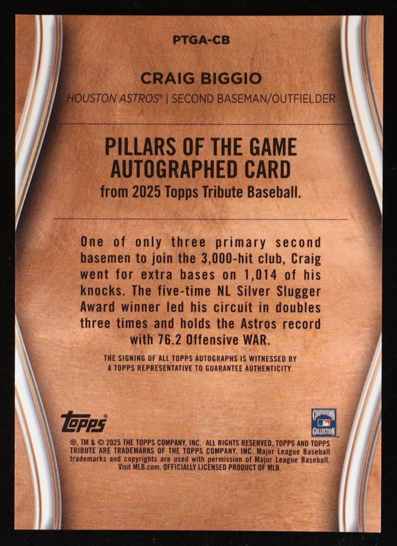 Craig Biggio 2025 Topps Tribute Pillars of the Game Autographs #PTGACB #16/199 at PristineAuction.com Craig Biggio 2025 Topps Tribute Pillars of the Game Autographs #PTGACB #16/199 at PristineAuction.com