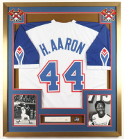 Hank Aaron Signed Custom Framed Cut Display with Jersey, Player Hall Of Fame Pin & (2) Cloth Team Logo Patches (PSA) at PristineAuction.com
