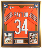 Walter Payton Signed Custom Framed Cut Display With Jersey, Official Super Bowl XX Hanging Pin & (2) Team Cloth Patches (PSA) at PristineAuction.com