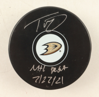 Trevor Zegras Signed Ducks Logo Hockey Puck Inscribed "NHL Debut 2-21-21" (Fanatics) at PristineAuction.com
