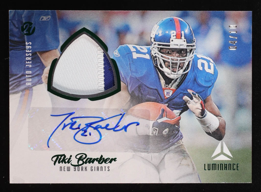 Tiki Barber 2021 Panini Luminance Autograph Jerseys Prime Green #19 #04/10 at PristineAuction.com Tiki Barber 2021 Panini Luminance Autograph Jerseys Prime Green #19 #04/10 at PristineAuction.com