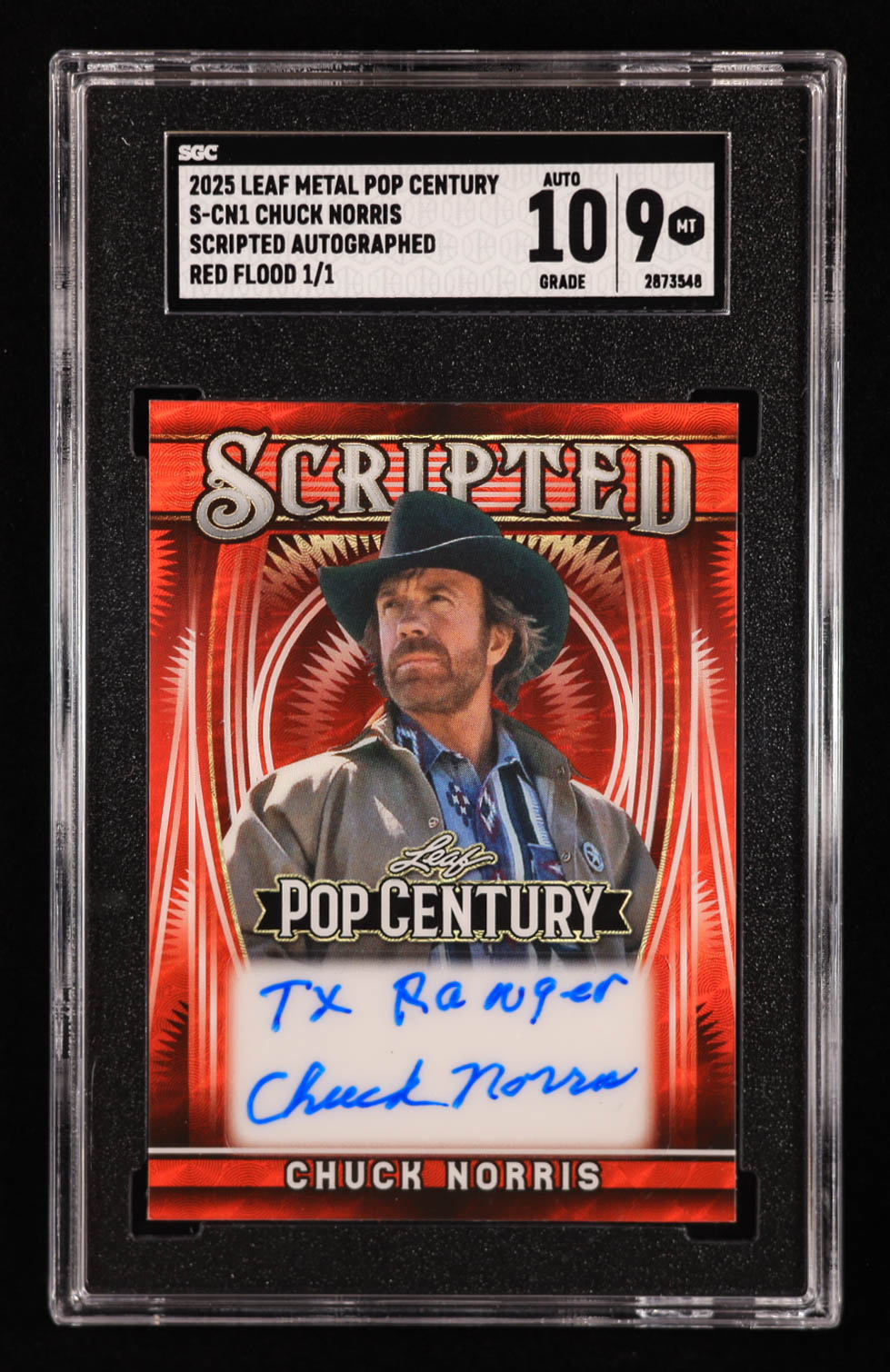 Chuck Norris 2025 Leaf Pop Century Metal Red Flood #SCN1 #1/1 (SGC 9 | Autograph Graded 10) at PristineAuction.com Chuck Norris 2025 Leaf Pop Century Metal Red Flood #SCN1 #1/1 (SGC 9 | Autograph Graded 10) at PristineAuction.com