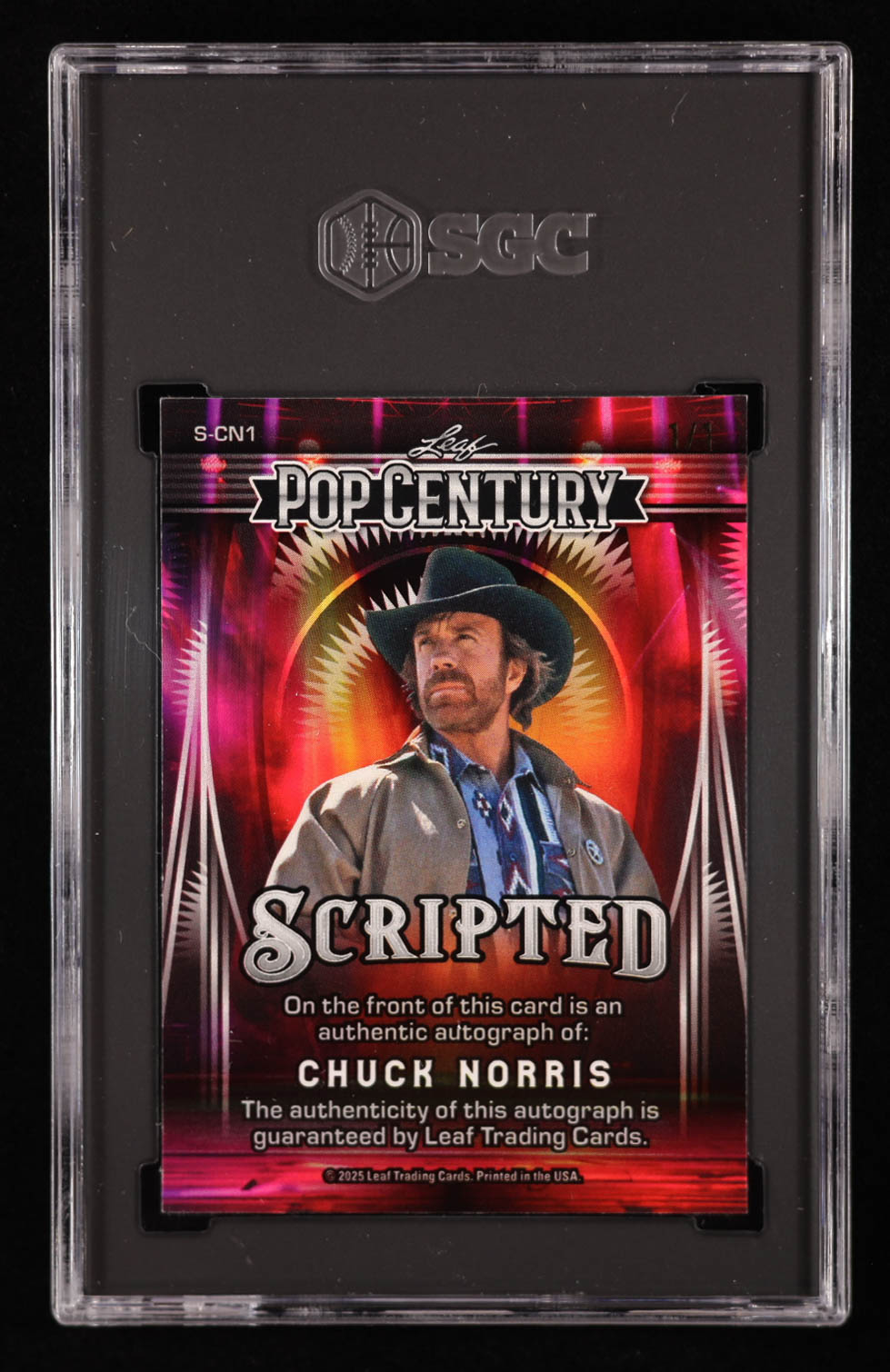 Chuck Norris 2025 Leaf Pop Century Metal Red Flood #SCN1 #1/1 (SGC 9 | Autograph Graded 10) at PristineAuction.com Chuck Norris 2025 Leaf Pop Century Metal Red Flood #SCN1 #1/1 (SGC 9 | Autograph Graded 10) at PristineAuction.com