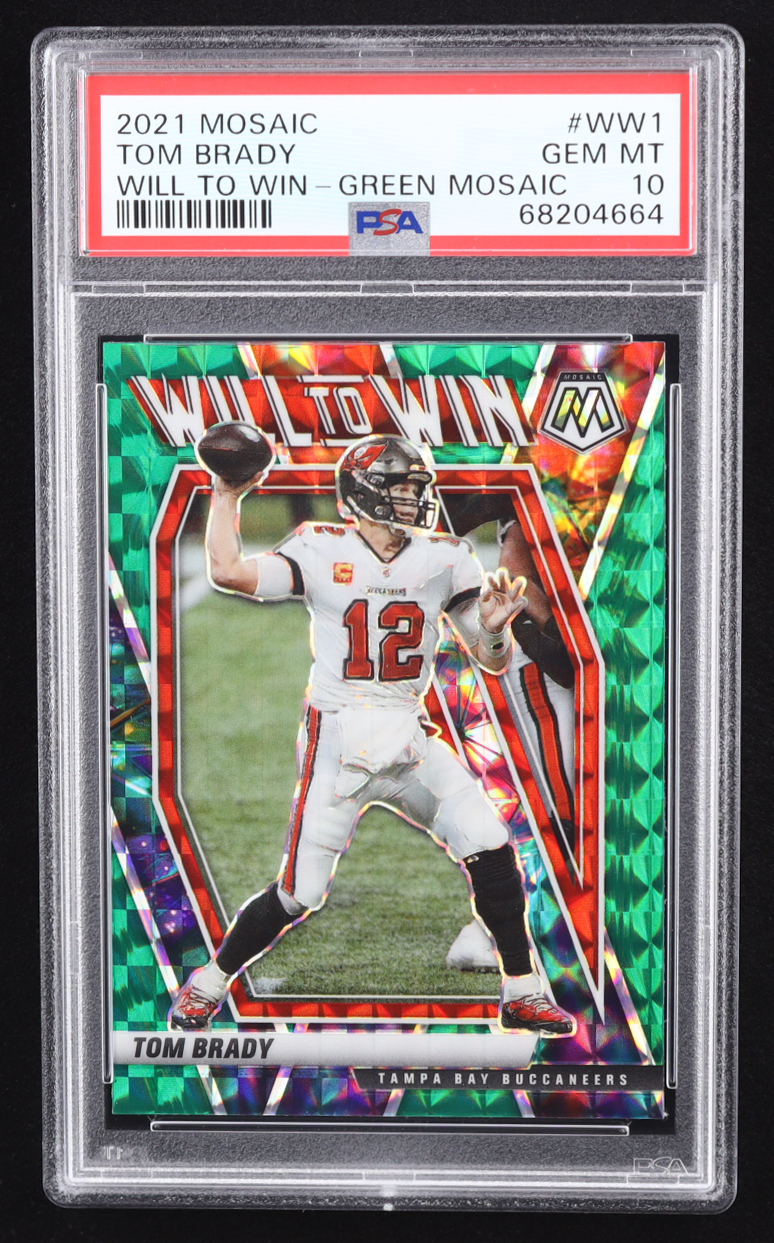 Tom Brady 2021 Panini Mosaic Will To Win Green Mosaic #1 (PSA 10) at PristineAuction.com Tom Brady 2021 Panini Mosaic Will To Win Green Mosaic #1 (PSA 10) at PristineAuction.com