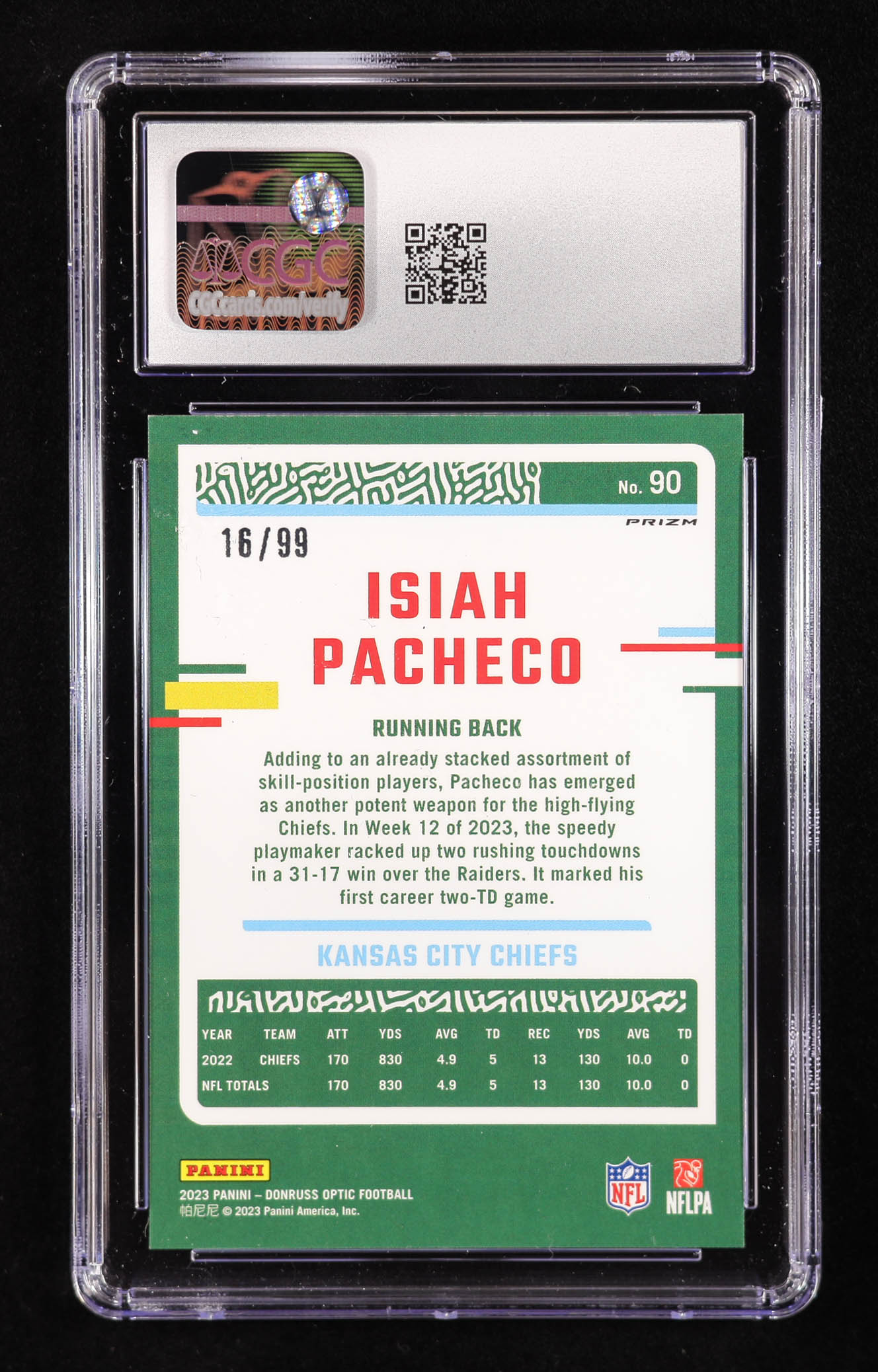 Isiah Pacheco 2023 Donruss Optic Red #90 #16/99 (CGC 10) at PristineAuction.com Isiah Pacheco 2023 Donruss Optic Red #90 #16/99 (CGC 10) at PristineAuction.com