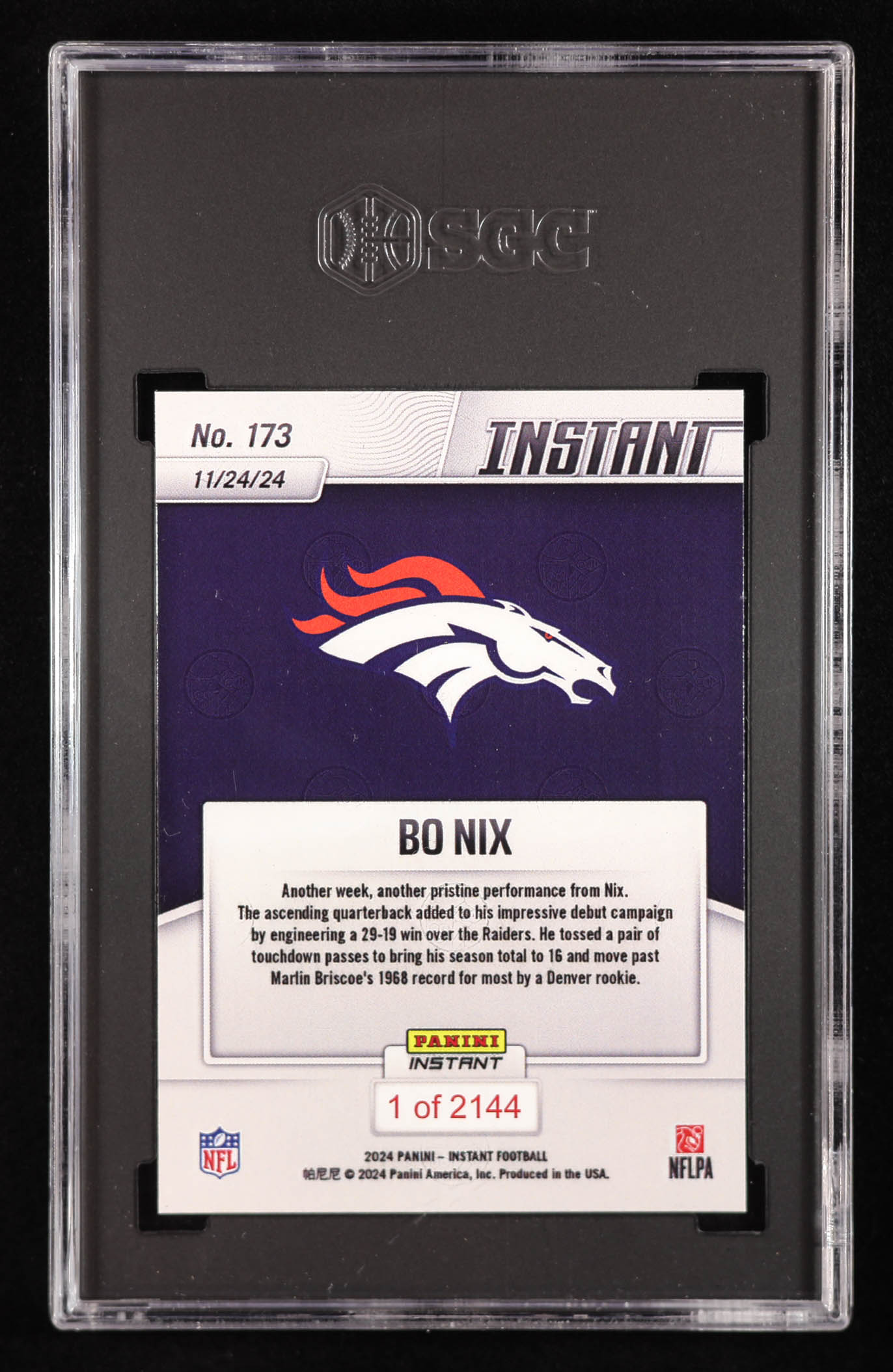 Bo Nix 2024 Panini Instant #173 RC (SGC 10) at PristineAuction.com Bo Nix 2024 Panini Instant #173 RC (SGC 10) at PristineAuction.com