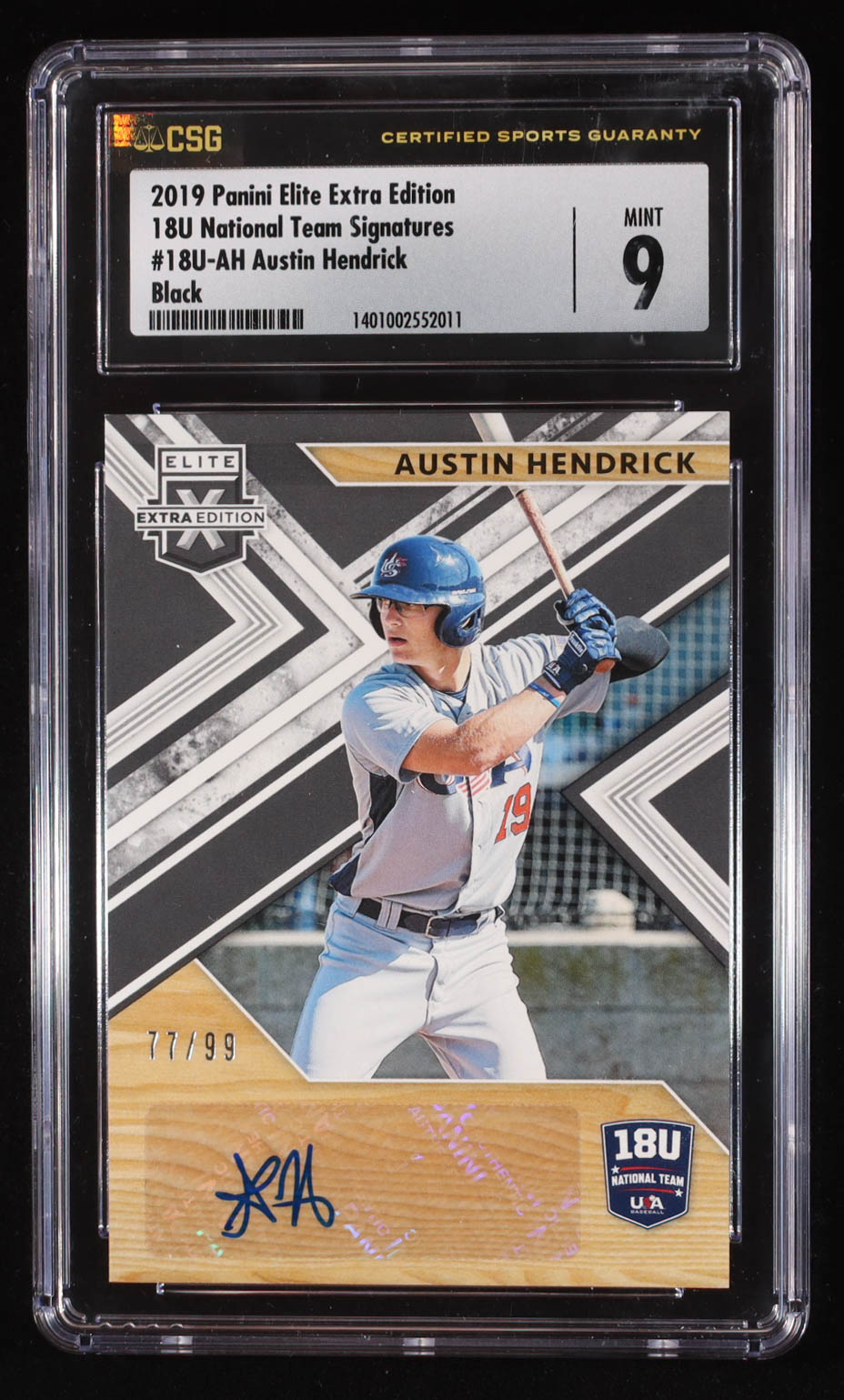 Austin Hendrick 2019 Panini Elite Extra Edition 18U National Team Signatures #18UAH #77/99 (CGC 9) at PristineAuction.com Austin Hendrick 2019 Panini Elite Extra Edition 18U National Team Signatures #18UAH #77/99 (CGC 9) at PristineAuction.com