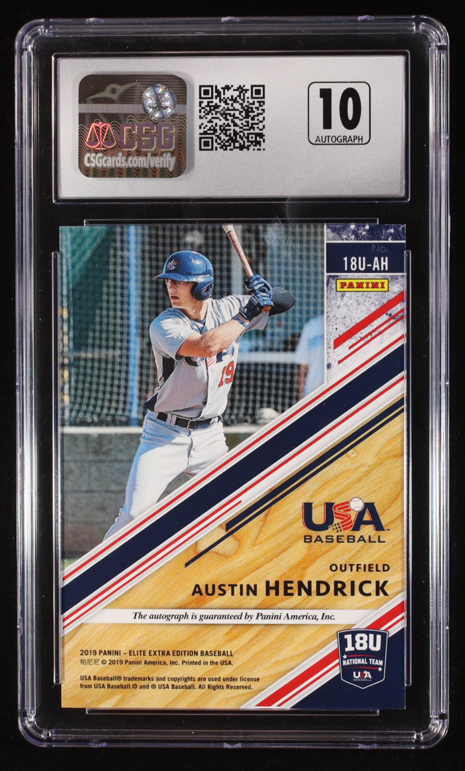 Austin Hendrick 2019 Panini Elite Extra Edition 18U National Team Signatures #18UAH #77/99 (CGC 9) at PristineAuction.com Austin Hendrick 2019 Panini Elite Extra Edition 18U National Team Signatures #18UAH #77/99 (CGC 9) at PristineAuction.com